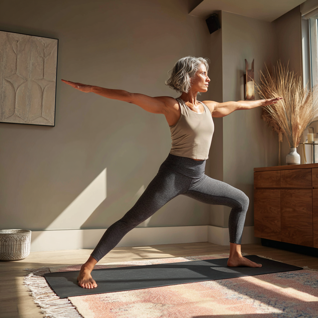 Middle-aged Uzbek adults practicing concentrated movement yoga poses in natural lighting, focusing on mindful breathing and body awareness
