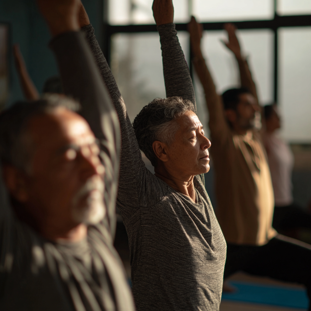 Diverse group of Uzbek adults of different ages practicing gentle yoga poses outdoors, demonstrating stability and mindful body awareness in natural setting